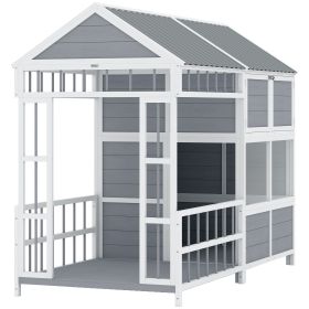 79"L Large Dog House Outdoor, Wooden Dog Kennel with Porch, Storage Cabinet,Weatherproof Roof, Windows
