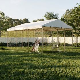 15x10 FT Large Outdoor Dog Kennel with Canopy, Heavy Duty Galvanized Steel Frame, Waterproof Cover, Built-in Elevated Feeding Bowls, Escape-Proof (Option: SILVER)