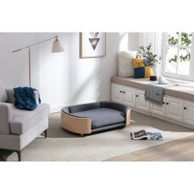 Scandinavian style Elevated Dog Bed Pet Sofa With Solid Wood legs and Bent Wood Back, Velvet Cushion,Large Size (Option: Dark grey)
