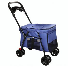 Pet Stroller, Foldable 4-Wheel Design, Breathable Mesh Dog Cat Stroller with Shockproof Wheels, Brake System, Storage Tray, 2 Fixed Safety Leashe (Option: Navy Blue)