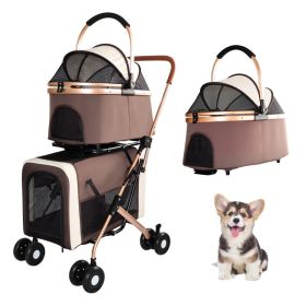 Double Pet Stroller for Dogs and Cats, Foldable Frame, 3-in-1 Convertible Carrier/Tote, Shockproof Wheels, Brake System, Fixed Safety Leashes for (Option: Khaki)
