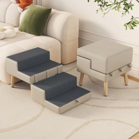 4-Step Ottoman Dog Stairs, 2-in-1 Foldable Pet Ramp for Bed,  Dog Ramp for Small Puppy and Cats, Sturdy Wood Frame Support with Non-slip walking (Option: Light Gray)