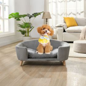 Elevated Dog Bed Frame for Small Dog, Corduroy Pet Couch Bed with Rubber Wood Legs and Supportive Foam, Grey, Easy Assembly (Option: Grey)
