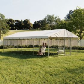 20x10 FT Large Outdoor Dog Kennel with Canopy, Heavy Duty Galvanized Steel Frame, Waterproof Cover, Built-in Elevated Feeding Bowls, Escape-Proof (Option: SILVER)
