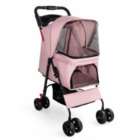 Foldable Pet Stroller for Small Dogs and Cats Under 28 lbs with Multi-Functional Tray, 2 Safety Leashes, Storage Basket & Breathable Mesh, 4 Whee (Option: Pink)