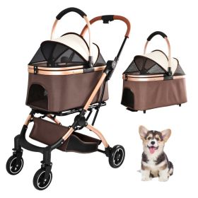 Pet Stroller for Dogs and Cats, 2-in-1 Detachable Foldable 4 Wheels Pet Stroller, Quick One-Hand Fold, Storage Basket, Detachable Carry Basket wi (Option: Khaki)