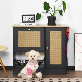 Feeding station with 2 lockers, pet feeding station with 2 elevated dog bowls, side hooks, anti-tipping kit, hidden pet feeding station for feedi (Option: Black+Vintage)