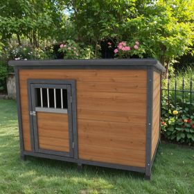 45"large solid wood dog house, waterproof PVC plastic roof, breathable wooden doors (Option: Gray+Yellow)