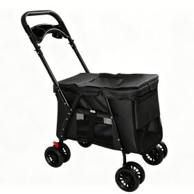Pet Stroller, Foldable 4-Wheel Design, Breathable Mesh Dog Cat Stroller with Shockproof Wheels, Brake System, Storage Tray, 2 Fixed Safety Leashe (Option: Black)