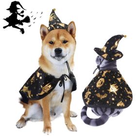 New Halloween printing wizard cloak set pet dog cat hat set jewelry (Color: Hat+Cloak, size: L)