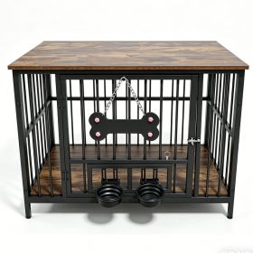 Vintage wood grain dog cage edge,360 degree rotating bowl with safety grade soft silicone material (Option: Brown+Black)